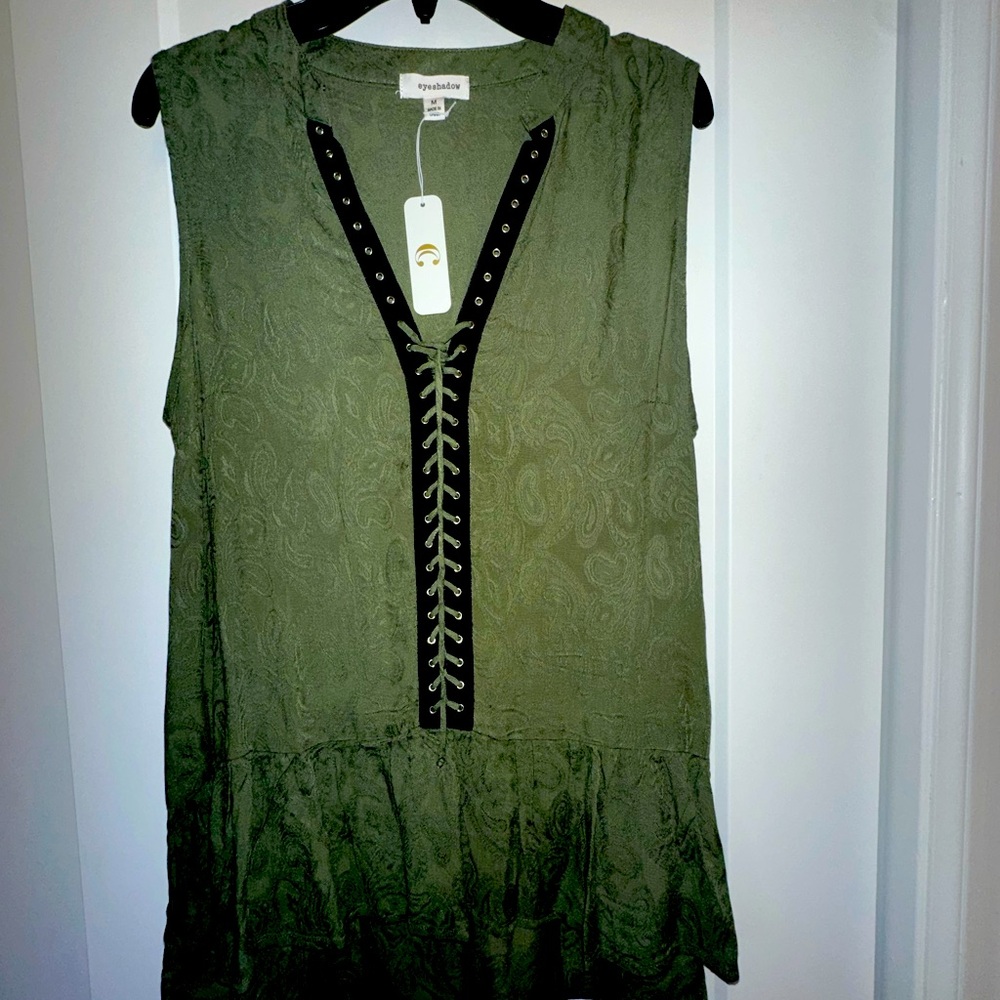 Medium olive blouse with black lace up in front